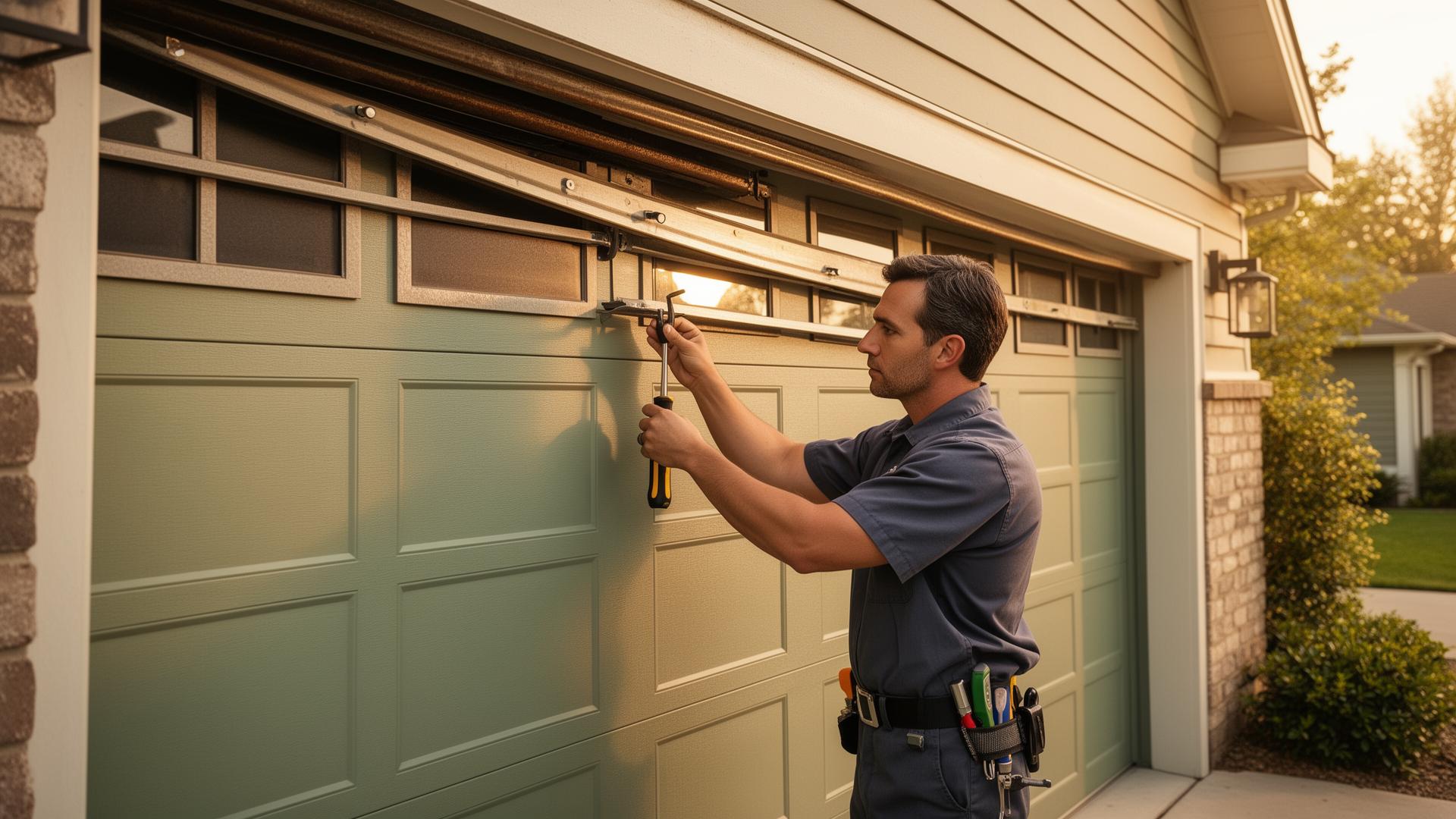 Professional garage door technician servicing a garage door